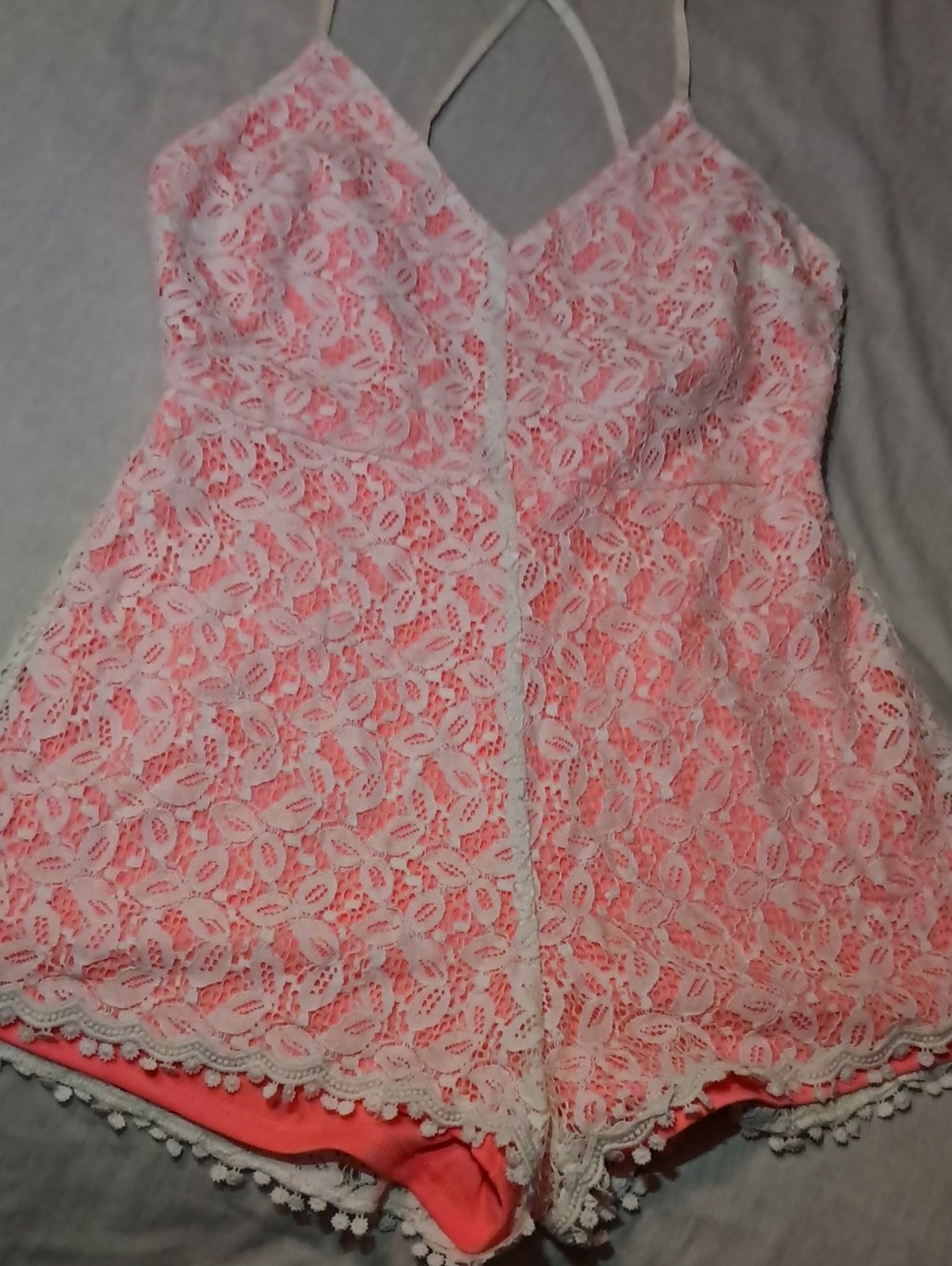 Women’s Neon Pink With White Lace Overlay Romper with Pom Trim
